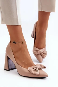 Czółenka Na Słupku Z Kokardą Beżowe Ariemessa