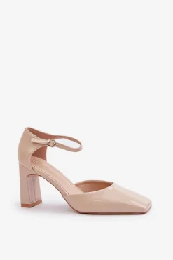 Czółenka Na Słupku Z Lakierowanej Eko Skóry Beżowe Emindria