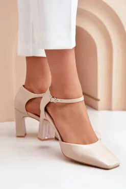 Czółenka Na Słupku Z Lakierowanej Eko Skóry Beżowe Emindria