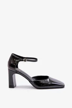 Czółenka Na Słupku Z Lakierowanej Eko Skóry Czarne Emindria