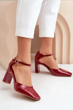 Czółenka Na Słupku Z Lakierowanej Eko Skóry Bordowe Emindria