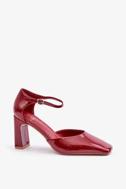 Czółenka Na Słupku Z Lakierowanej Eko Skóry Bordowe Emindria