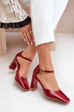 Czółenka Na Słupku Z Lakierowanej Eko Skóry Bordowe Emindria