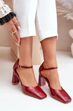 Czółenka Na Słupku Z Lakierowanej Eko Skóry Bordowe Emindria