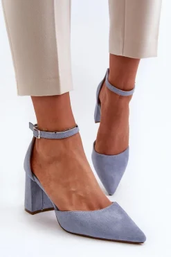 Czółenka Na Słupku Z Noskami W Szpic Eko Zamszowe Niebieskie Halene