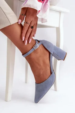 Czółenka Na Słupku Z Noskami W Szpic Eko Zamszowe Niebieskie Halene