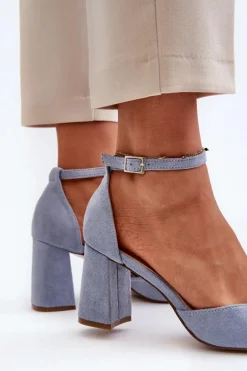 Czółenka Na Słupku Z Noskami W Szpic Eko Zamszowe Niebieskie Halene