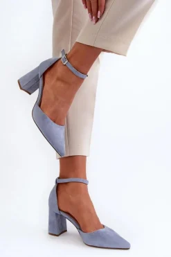 Czółenka Na Słupku Z Noskami W Szpic Eko Zamszowe Niebieskie Halene