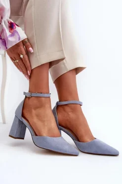 Czółenka Na Słupku Z Noskami W Szpic Eko Zamszowe Niebieskie Halene