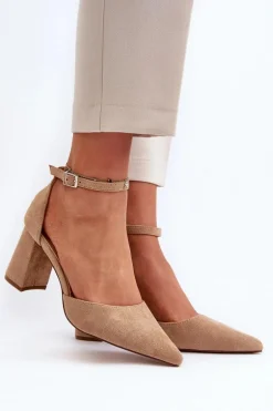 Czółenka Na Słupku Z Noskami W Szpic Eko Zamszowe Beżowe Halene