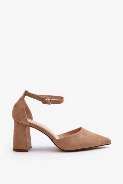 Czółenka Na Słupku Z Noskami W Szpic Eko Zamszowe Beżowe Halene