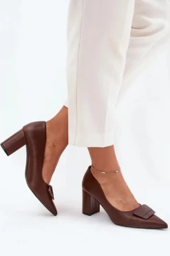 Czółenka Na Słupku Z Ozdobą Brązowe Celira