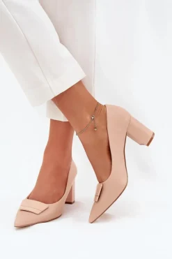 Czółenka Na Słupku Z Ozdobą Beżowe Celira