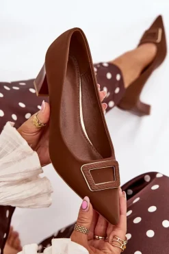 Czółenka Na Słupku Z Ozdobną Klamrą Brązowe Seriva