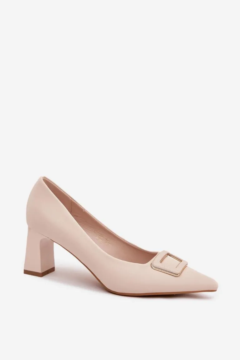 Czółenka Na Słupku Z Ozdobną Klamrą Beżowe Seriva