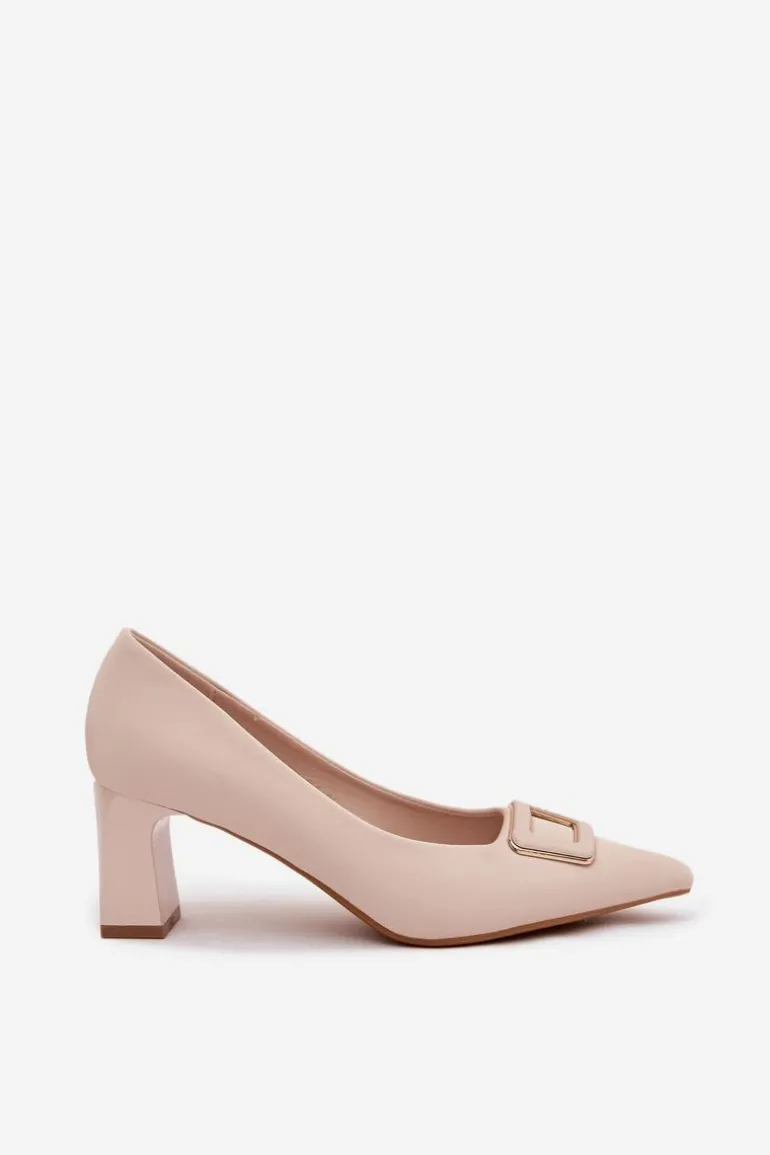 Czółenka Na Słupku Z Ozdobną Klamrą Beżowe Seriva