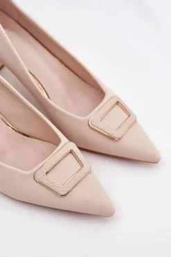 Czółenka Na Słupku Z Ozdobną Klamrą Beżowe Seriva