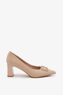 Czółenka Na Słupku Z Ozdobną Klamrą Nude Seriva