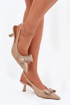 Czółenka Na Szpilce Z Kokardą Beżowe Folesca