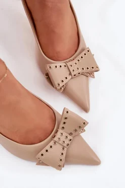 Czółenka Na Szpilce Z Kokardą Beżowe Folesca