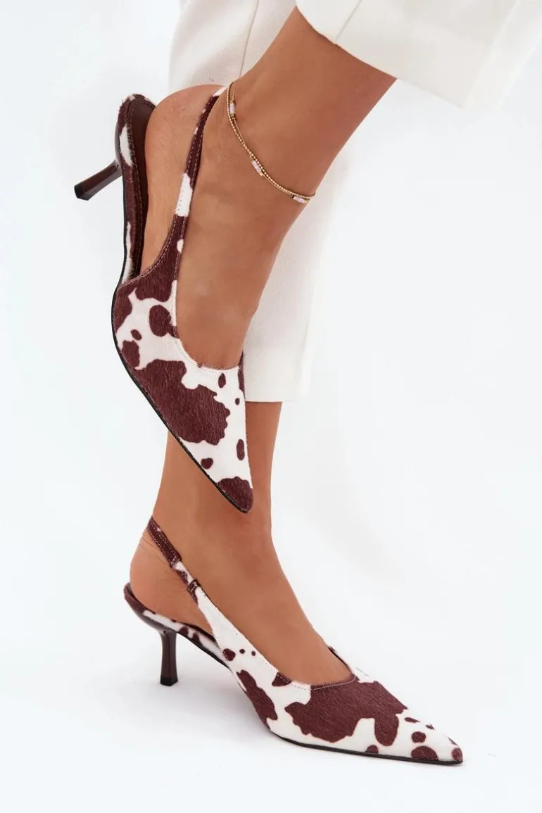 Czółenka Na Szpilce Z Odkrytą Piętą W Łaty Brązowo-Białe Talira