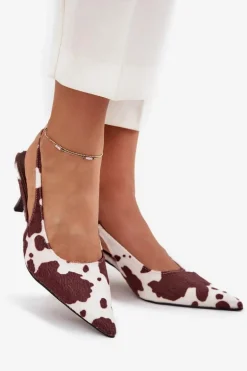Czółenka Na Szpilce Z Odkrytą Piętą W Łaty Brązowo-Białe Talira