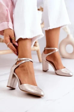 Czółenka Skórzane Na Słupku Sergio Leone SK851 Złote