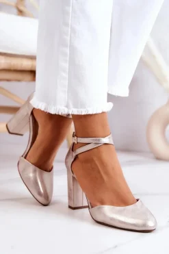 Czółenka Skórzane Na Słupku Sergio Leone SK851 Złote