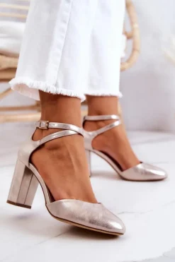 Czółenka Skórzane Na Słupku Sergio Leone SK851 Złote