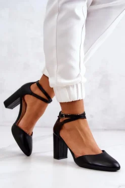 Czółenka Skórzane Na Słupku Sergio Leone SK851 Czarne