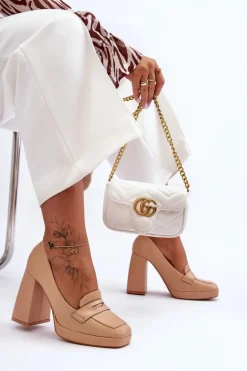 Czółenka Skórzane Na Wysokim Obcasie Nude Alisa