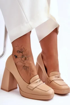 Czółenka Skórzane Na Wysokim Obcasie Nude Alisa