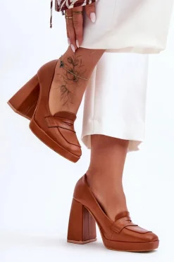 Czółenka Skórzane Na Wysokim Obcasie Camel Alisa