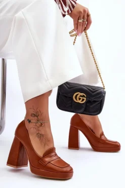 Czółenka Skórzane Na Wysokim Obcasie Camel Alisa