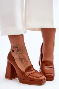 Czółenka Skórzane Na Wysokim Obcasie Camel Alisa