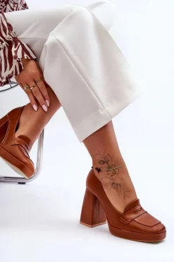 Czółenka Skórzane Na Wysokim Obcasie Camel Alisa