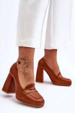 Czółenka Skórzane Na Wysokim Obcasie Camel Alisa