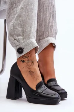 Czółenka Skórzane Na Wysokim Obcasie Czarne Alisa