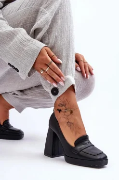 Czółenka Skórzane Na Wysokim Obcasie Czarne Alisa