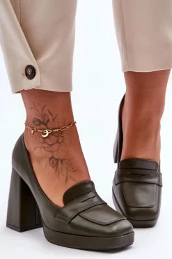 Czółenka Skórzane Na Wysokim Obcasie Zielone Alisa