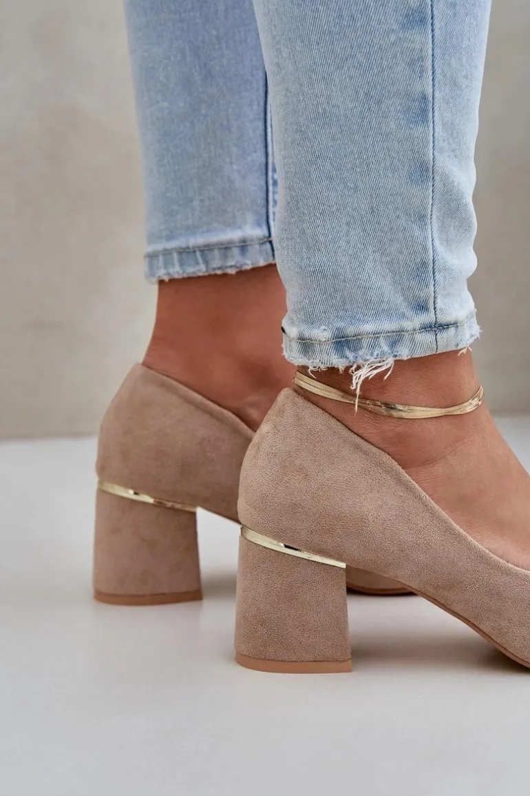 Czółenka Z Eko Zamszu Na Słupku Ciemnobeżowe Zelfitis