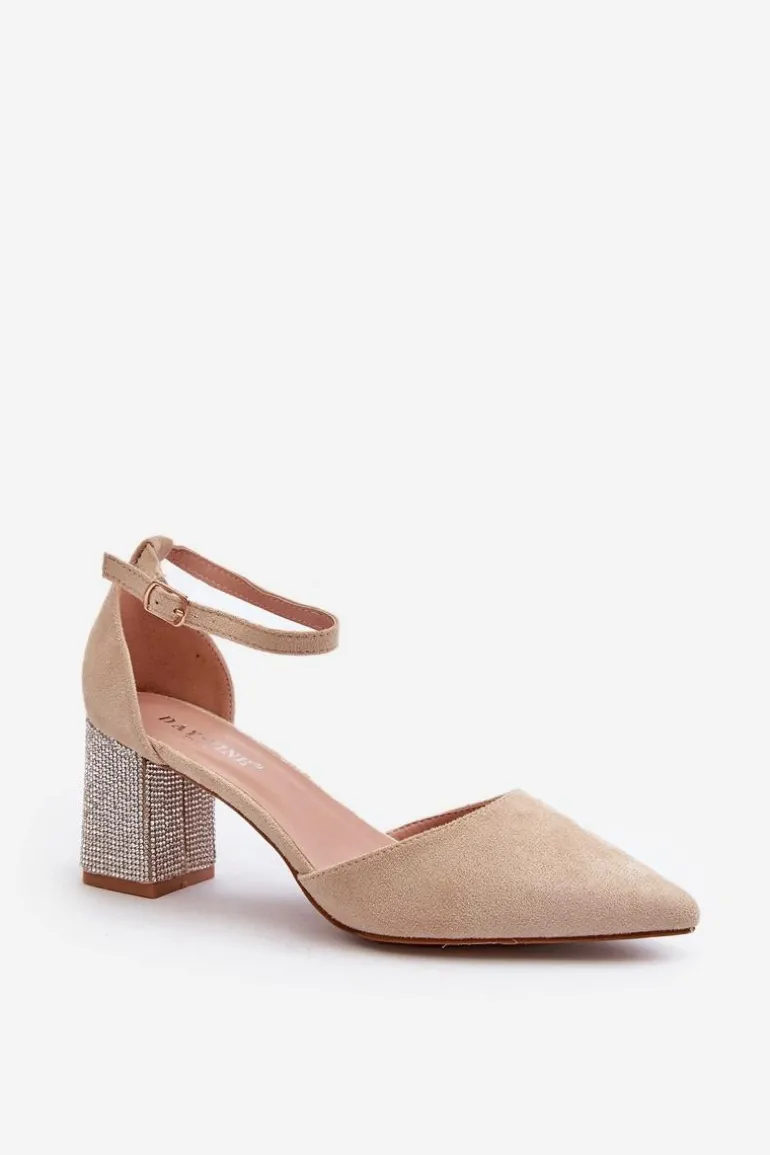 Czółenka z Eko Zamszu Na Zdobionym Słupku Beżowe Anlitela