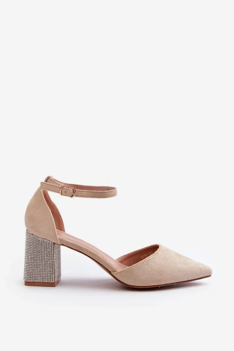 Czółenka z Eko Zamszu Na Zdobionym Słupku Beżowe Anlitela