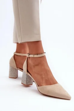 Czółenka z Eko Zamszu Na Zdobionym Słupku Beżowe Anlitela