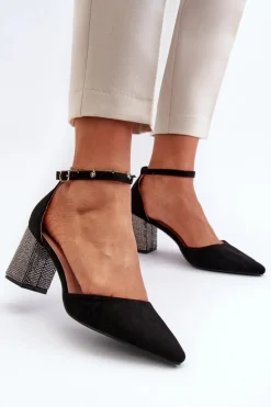 Czółenka z Eko Zamszu Na Zdobionym Słupku Czarne Anlitela