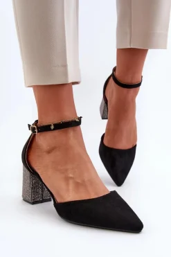 Czółenka z Eko Zamszu Na Zdobionym Słupku Czarne Anlitela