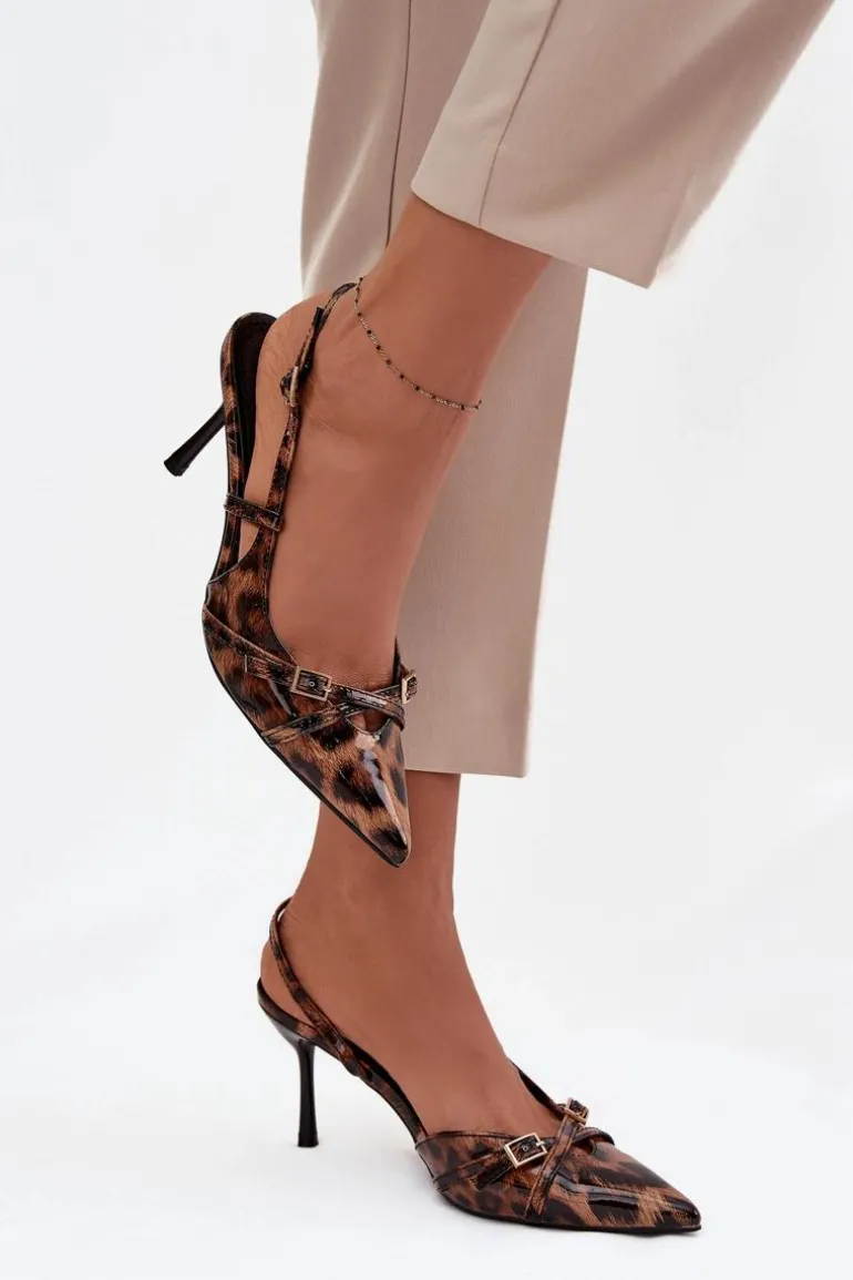 Czółenka Z Odkrytą Piętą I Paseczkami Panterka Brązowe Ravira