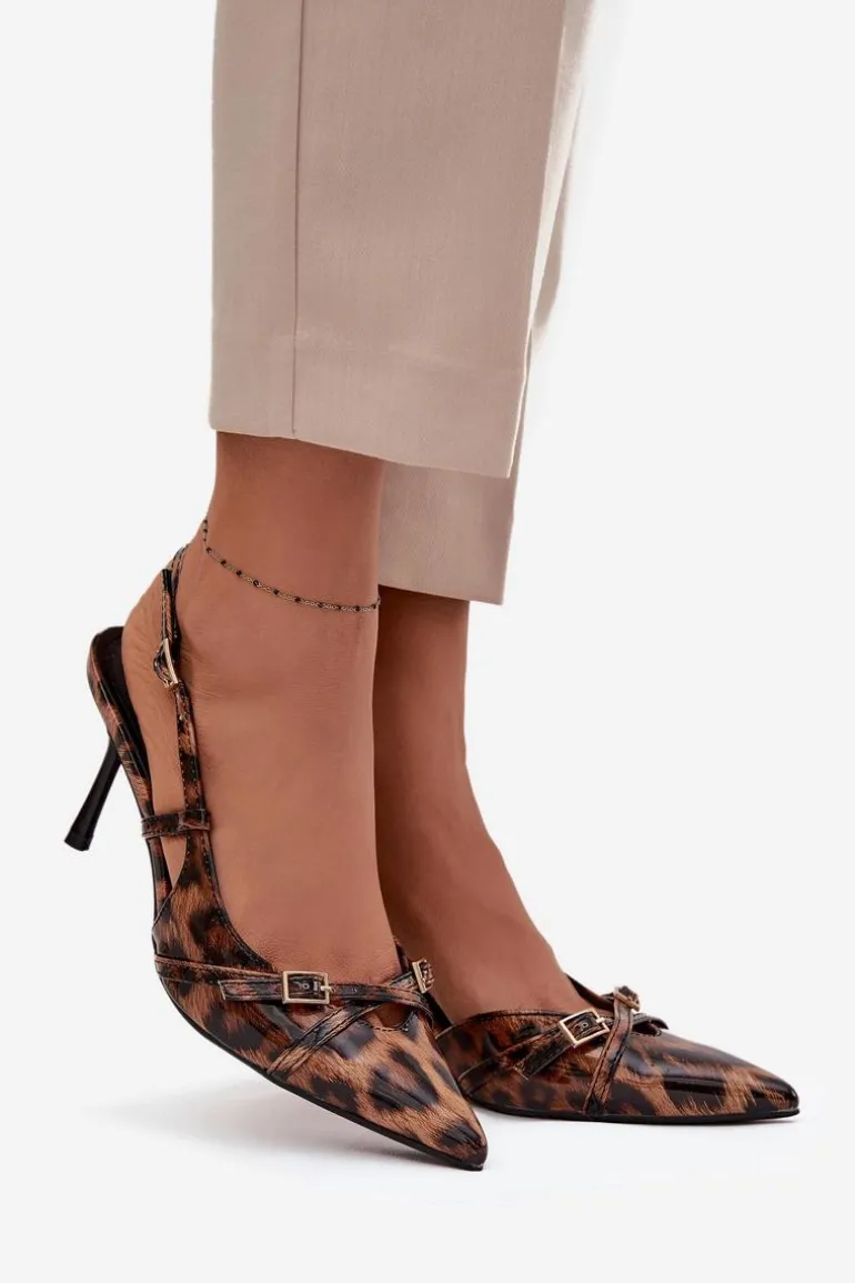 Czółenka Z Odkrytą Piętą I Paseczkami Panterka Brązowe Ravira