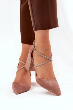 Czółenka Ze Szpiczastymi Noskami I Zdobionymi Paseczkami Na Słupku Ciemnobeżowe Verithas