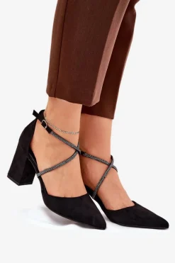 Czółenka Ze Szpiczastymi Noskami I Zdobionymi Paseczkami Na Słupku Czarne Verithas